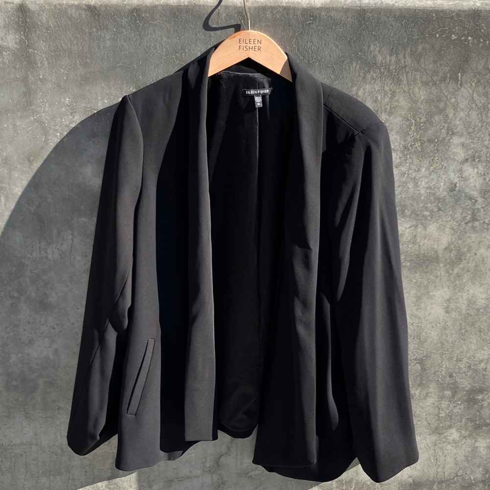 EUC Eileen Fisher Black Lightweight Crepe Open Front Jacket size XL